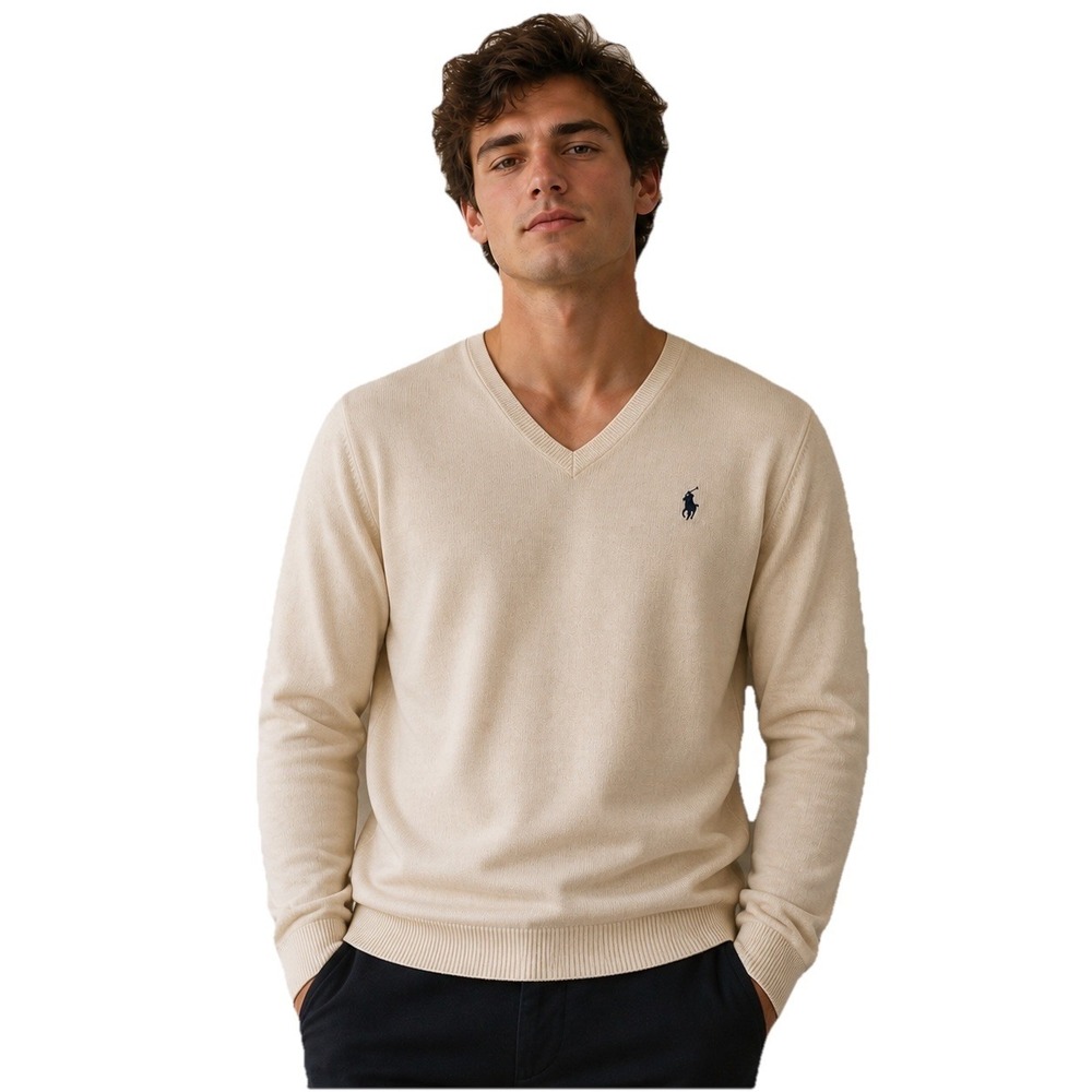 Vintage Polo Ralph Lauren Sweater Men XL Beige Knit 100% Pima Cotton V Neck 90s‎